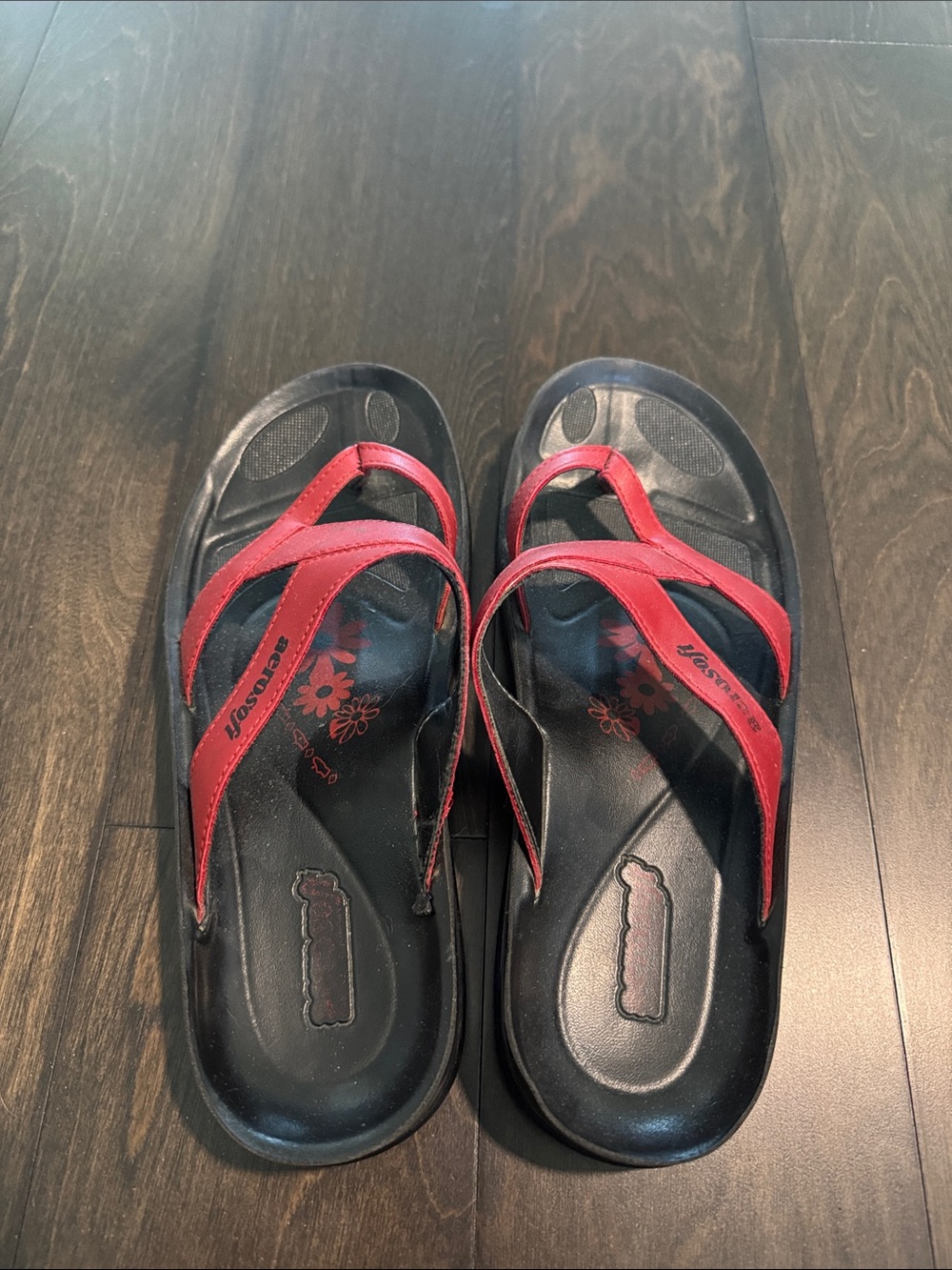 Women's Red and Black Floral Insole Thong Sandals